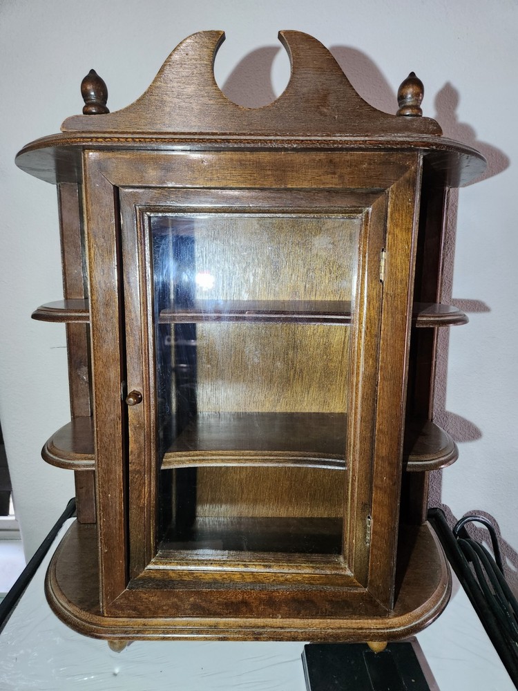 vtg Original curio Wood Walnut Color cabinet Door Inside Collectible Covered