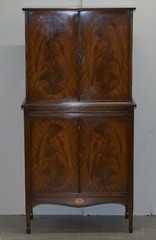 BEAUTIFUL VERY FINE SHERATIN REVIVAL FLAMED MAHOGANY & SATINWOOD DRINKS CABINET