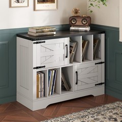 39″ Vinyl Record Storage Stand W/ Doors, Farmhouse Mid-Century Turntable Cabinet
