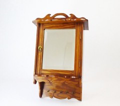 Wooden Mirror Wall Cabinet with Hooks and Ornaments, Vintage Apothecary