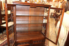 English Antique Oak Display Cabinet | Leaded Glass With Light