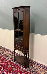 Antique English Jacobean Corner Cabinet Barley Twist Legs Glass Door Oak 1920s