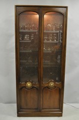 Vintage French Country Dark Cherry Wood Tall Lighted Curio Display Cabinet Pair
