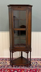 Antique English Jacobean Corner Cabinet Barley Twist Legs Glass Door Oak 1920s