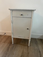 Antique White Metal Cabinet with Drawer, Shelves, and Cupboard Door