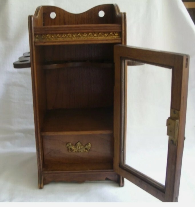 Antique Solid Mahogany Smoker’s Cabinet Ornate Hard Wood  – Glass Door 