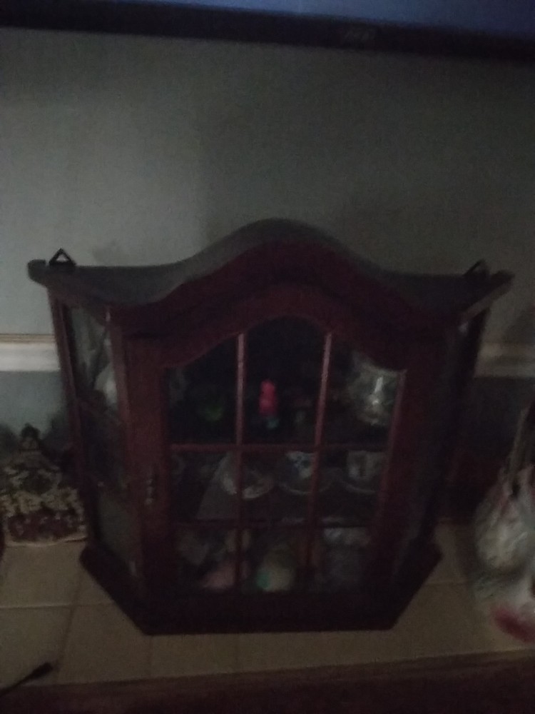 Antique Wood Wall Mountable 3 shelf Curio Cabinet With Glass Windows