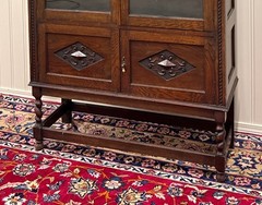 Antique English Bookcase Bookshelf Cabinet Double Door Barley Twist Oak c.1930s