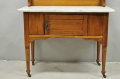 Antique English Arts & Crafts Birch Wood Green Tile Backsplash Washstand Server