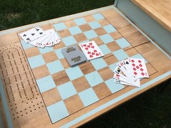 Game Room Table, Blue, Vintage, Refurbished, 42in long, 19in wide, 17in tall 