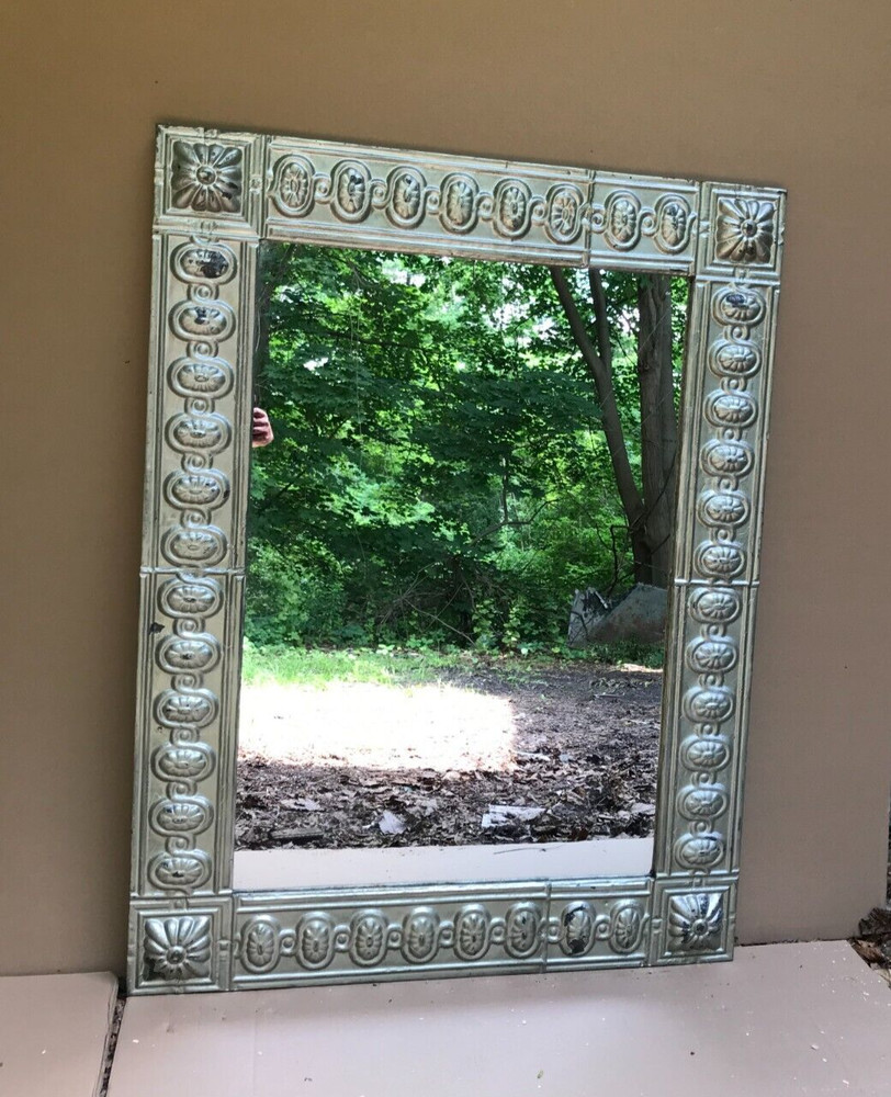 Decorative Medallion Tin Ceiling 36″ x 47″ Silver Metal Wall Mirror Old 1052-23B