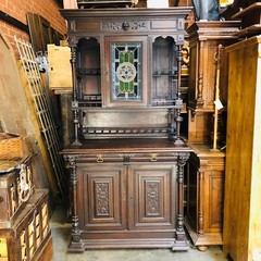 1800s Antique Carved Oak Cabinet, Leaded Glass, Country French Kitchen, JW0150