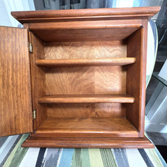 Vtg Oak Wood Medicine Cabinet Hand Painted Primitive Spice Rack Shelves Signed