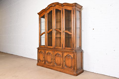 Drexel Heritage French Provincial Carved Oak Lighted Breakfront Bookcase Cabinet