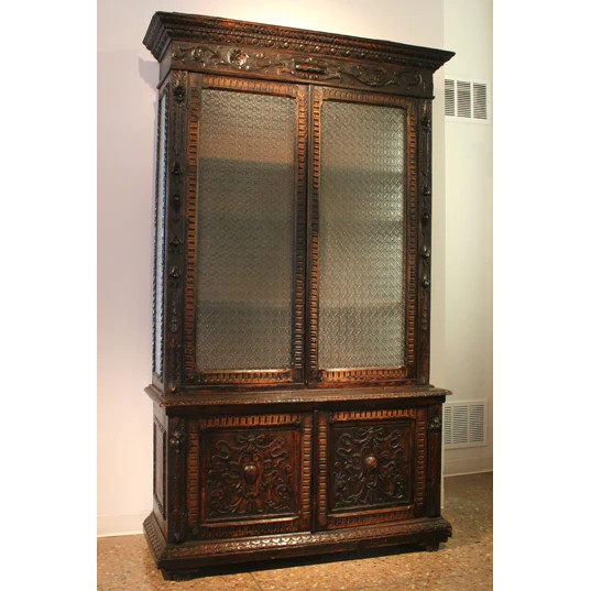 Late 19th Century Spanish Colonial Carved & Ebonized Glass Door Cabinet(AF3-113)