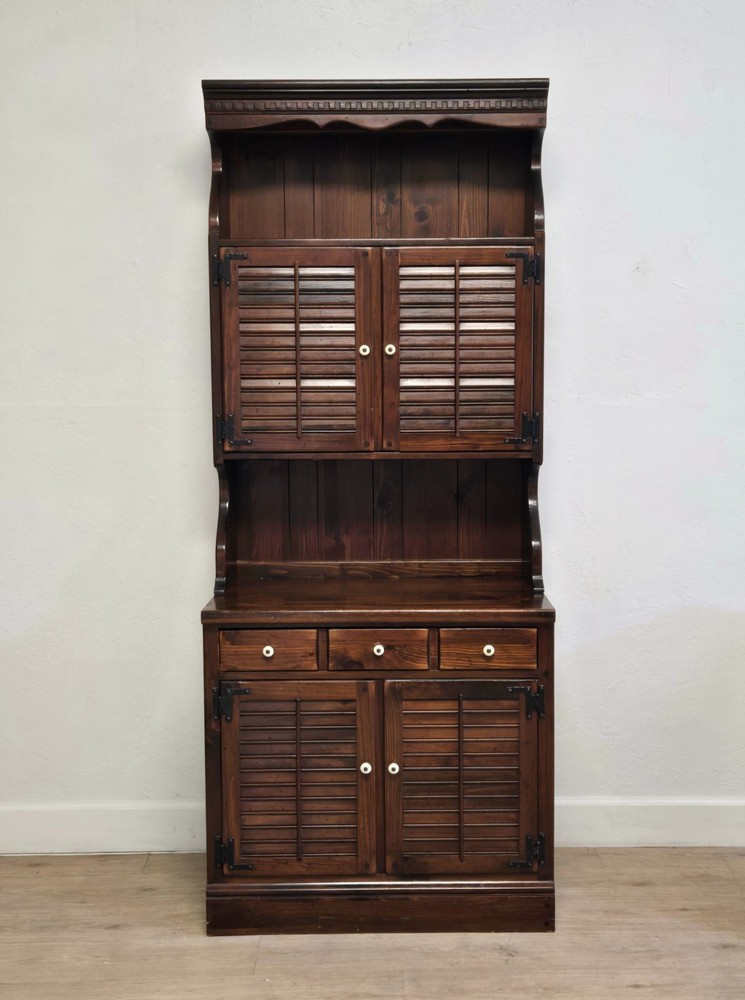 Ethan Allen Antiqued Pine Old Tavern Hutch-Rustic Vintage Shutter Front Shelf