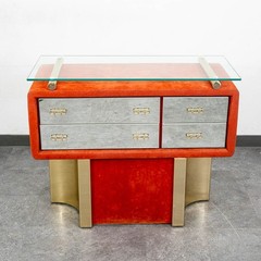 Mid Century Modern Chest Entryway Cabinet Mirrored Glass Orange Velvet Italy