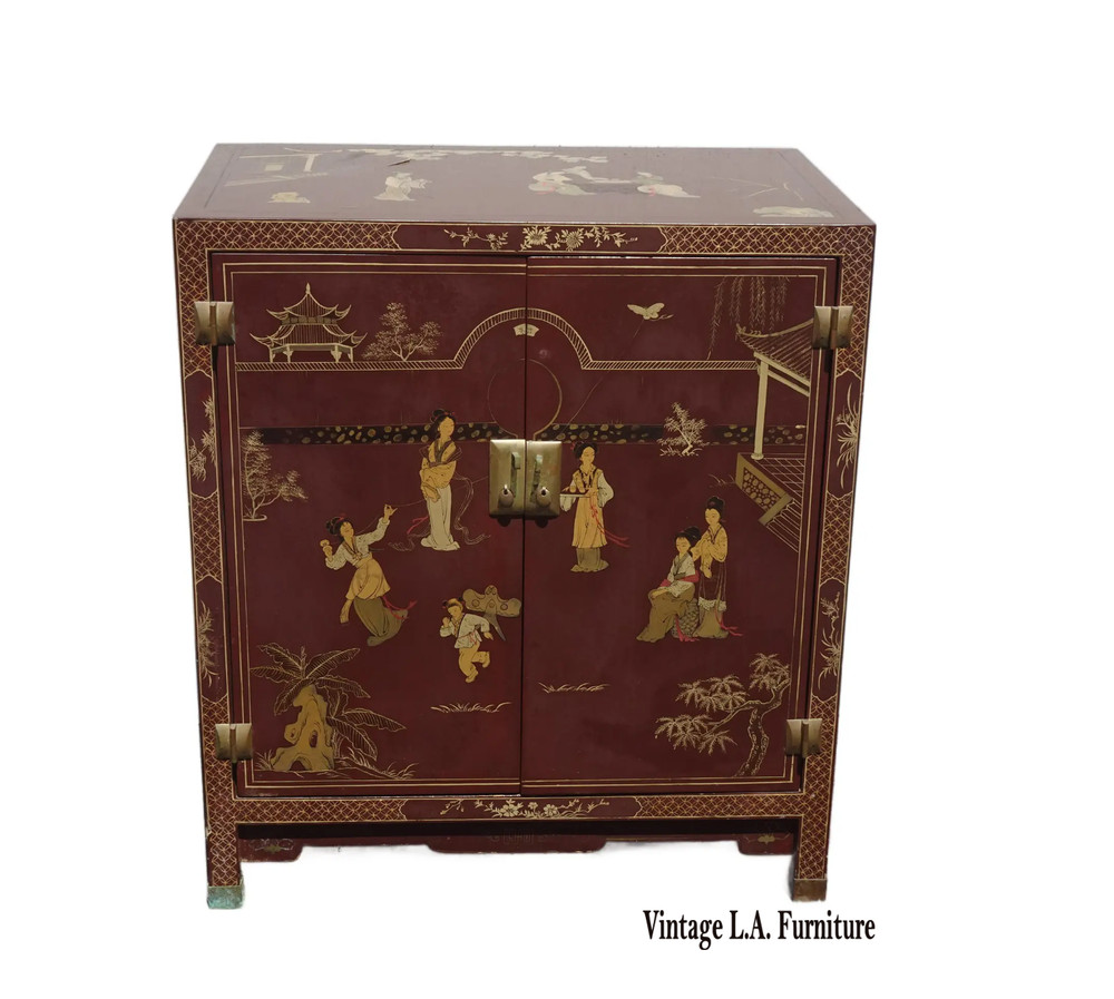 Vintage Chinese Asian Burgundy Lacquer Floral Chinoiserie Cabinet ~ Side Table