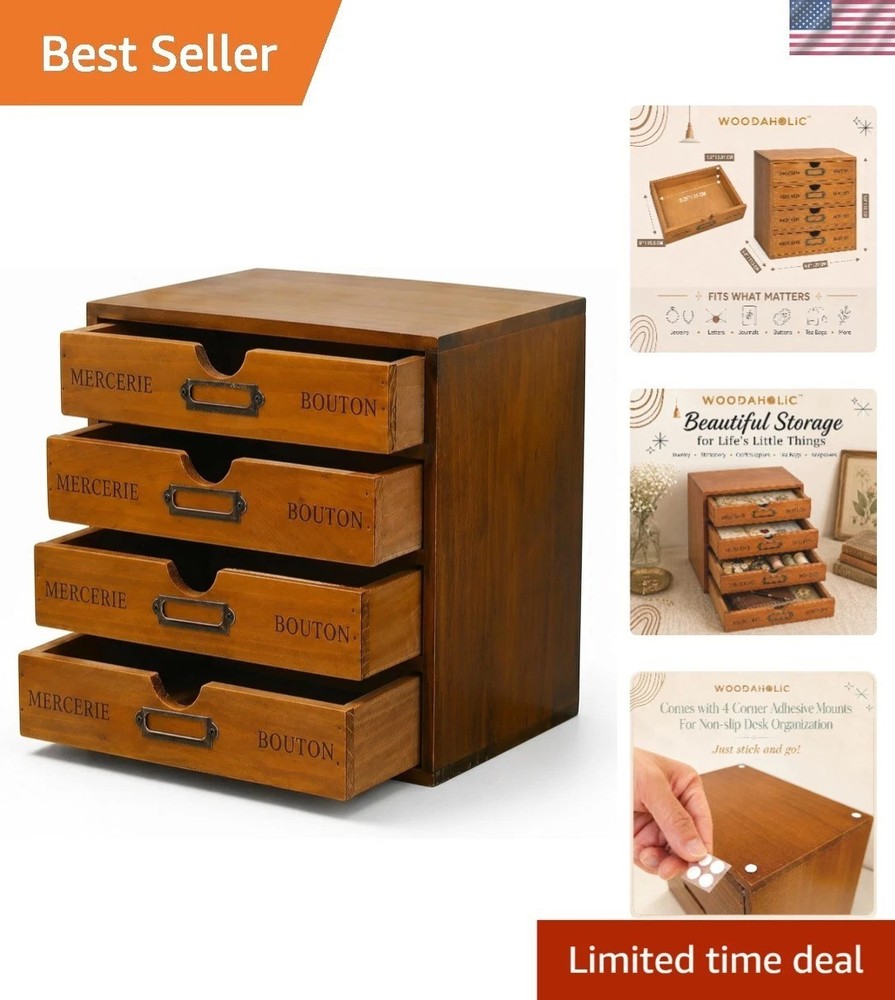 4-Drawer Modular Wood Storage Box – Perfect for Stationery & Craft Supplies