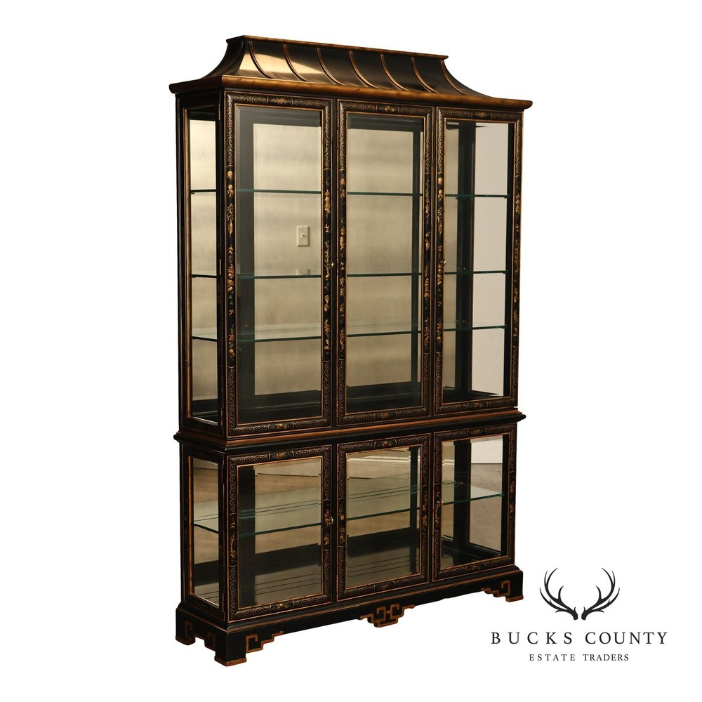 Drexel Heritage Et Cetera Chinoiserie Black Lacquer Pagoda Top Lighted Cabinet