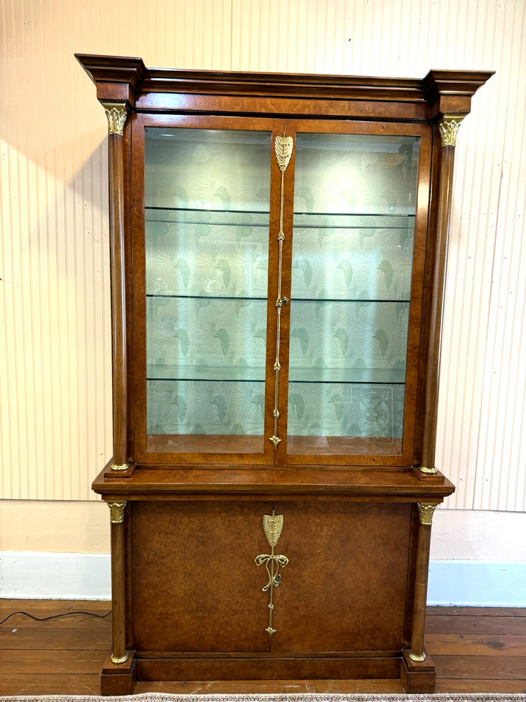 Italian Burled Walnut Display Cabinet | Glass Door & 3 glass Shelves & Light
