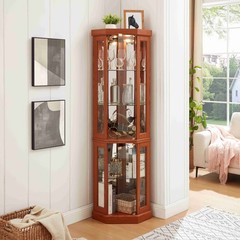 Heavy Duty Corner Display Cabinet Lighted Glass Display Case Living Room Shelf