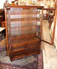 English Antique Oak Display Cabinet | Leaded Glass With Light