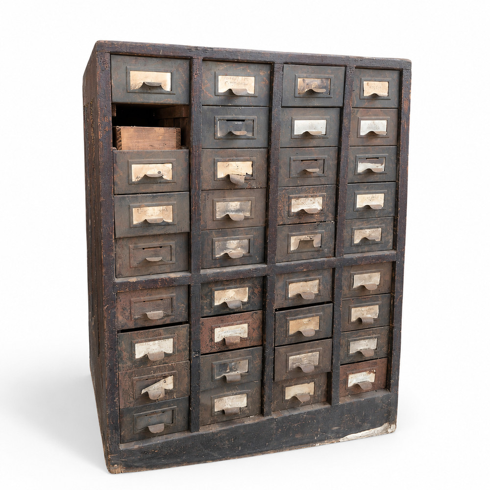Antique Industrial Library Card Catalog Cabinet Wood 32 Steel Drawer Apothecary