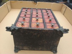 ORIGINAL OLD AMERICAN MADE SMALL 18 DRAWER WOODEN SPICE OR VALUABLES CABINET