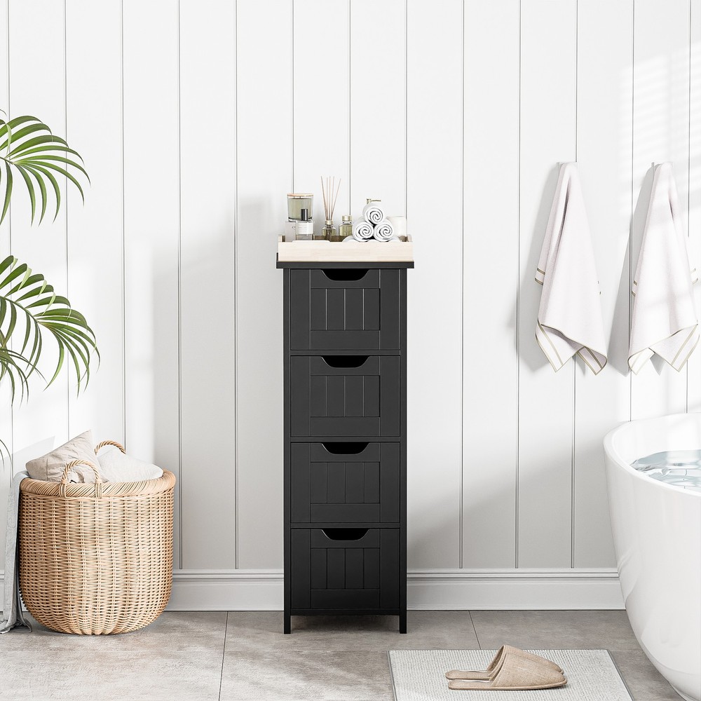 Bathroom Storage Cabinet with 4 Drawers Freestanding Floor Cabinet Black Indoor