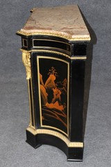 19th c. Ebonized Chinoiserie and Bronze Ormolu Mounted Marble Top Cabinet