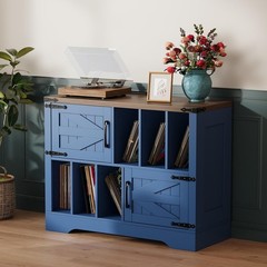 39″ Vinyl Record Storage Stand W/ Doors, Farmhouse Mid-Century Turntable Cabinet