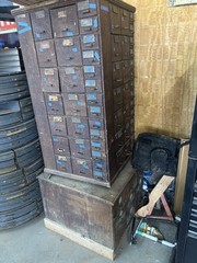 Antique Wooden Drawer Cabinet with Metal Handles, Horse & Mule Shoes Label