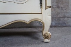 Mid Century French Provincial Serpentine Pink Marble Top Console Cabinet Rattan