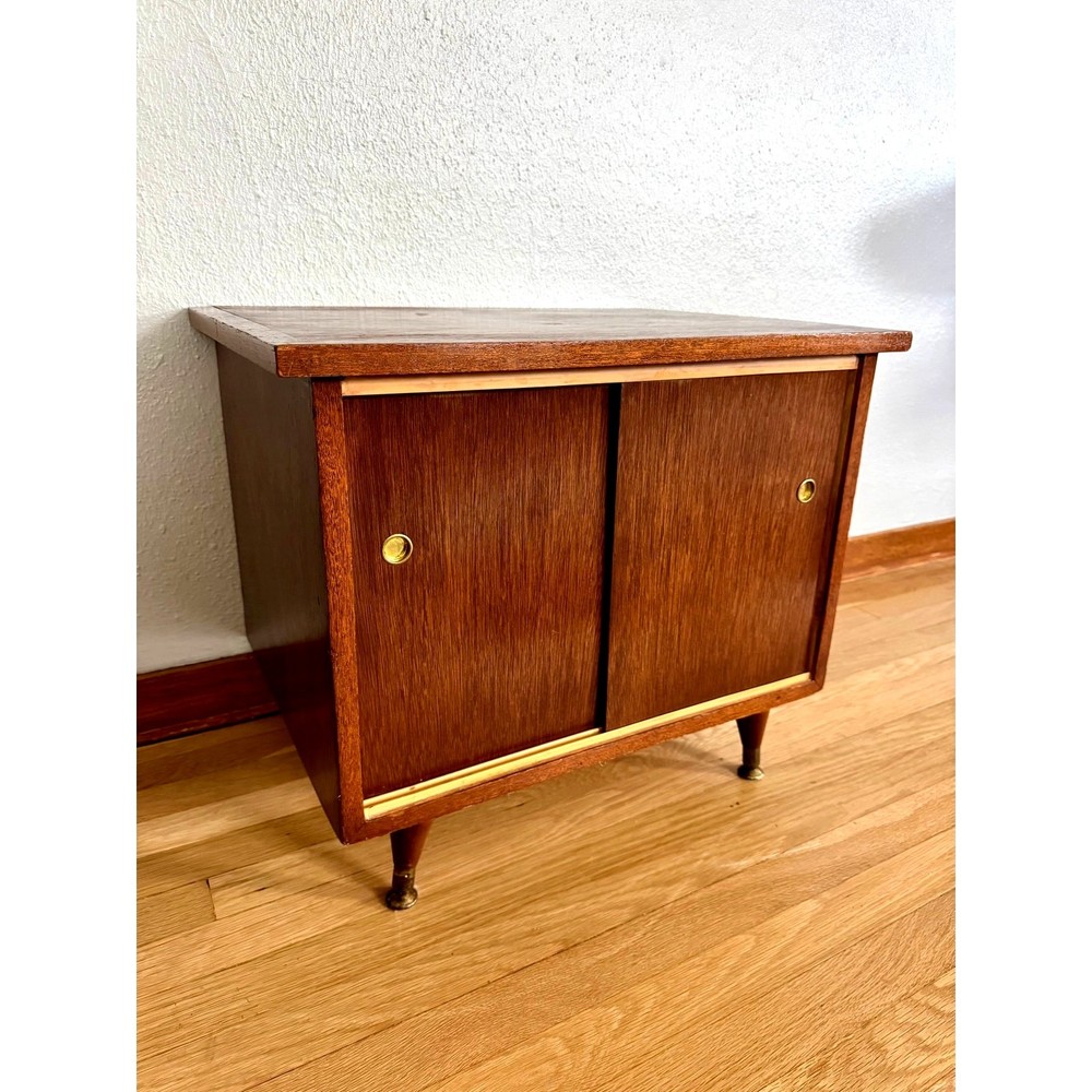 Mid-Century Wood Record Cabinet with Sliding Doors and Brass Pulls