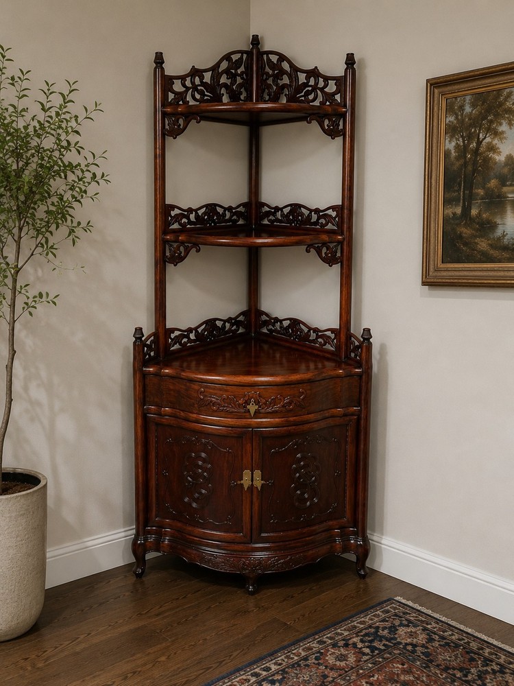 Vintage Chinese Solid Rosewood Corner Etagere Cabinet Carved Whatnot Shelf Heavy