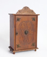 Antique Small Wooden Cabinet with Bronze Ornaments & Carved Details, Art Nouveau