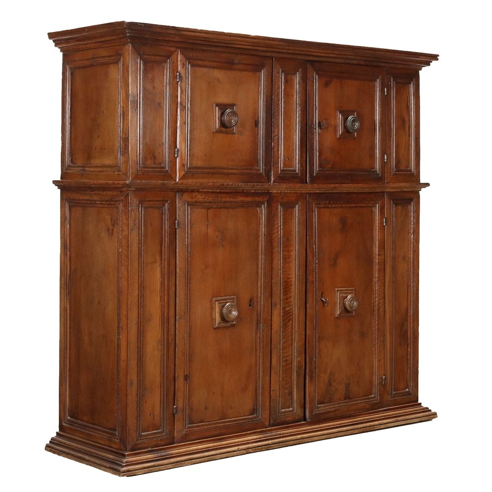 Ancient Cupboard Double Étagère Early XVII Century Walnut Paneled Doors
