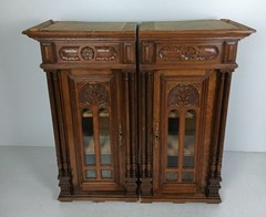 pair Stunning Antique Corner Cabinets Hand Carved Wood right left corner with s