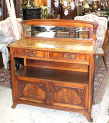 French Antique Burled Walnut Art Nuovo Marble Top Server Cabinet