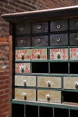 Antique Apothecary Wood Cabinet drawer hardware tool box cubby slot mail vintage