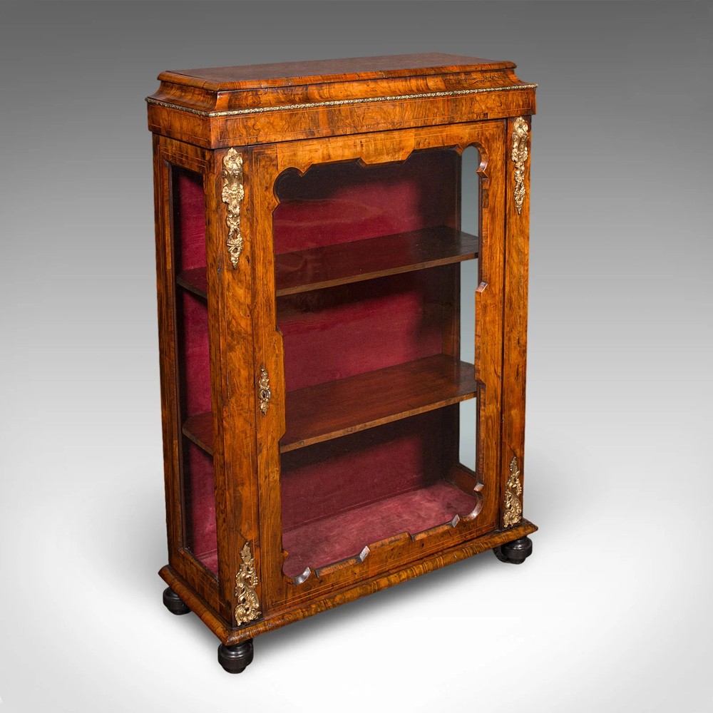 Antique Pier Cabinet, English, Walnut, Glazed Display Bookcase, Victorian, 1860