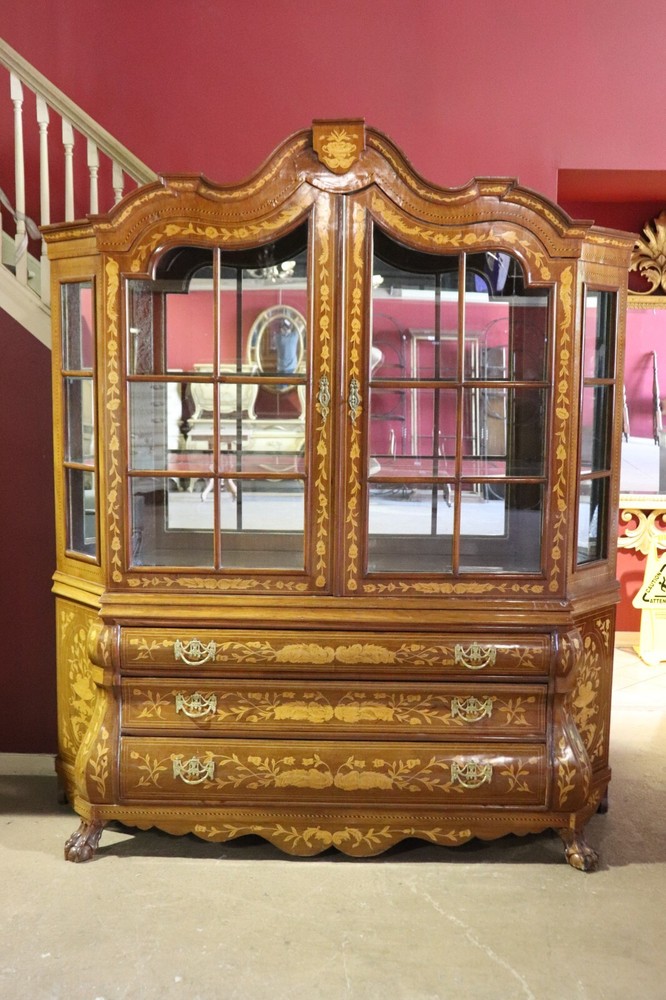 Rarer Dutch Marquetry Inlaid Walnut and Satinwood Baroque China Cabinet Vitrine
