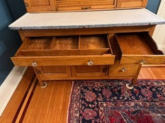 Sellers Antique Oak Hoosier Cabinet, Built-in Flour Sifter, Glass Sugar & Spice