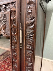Antique French Breton Bookcase Armoire Linen Cab Wavy Glass Carved Chestnut 19th