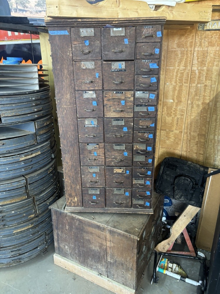 Antique Wooden Drawer Cabinet with Metal Handles, Horse & Mule Shoes Label