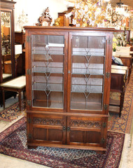 English Antique Oak Display Cabinet | Leaded Glass With Light