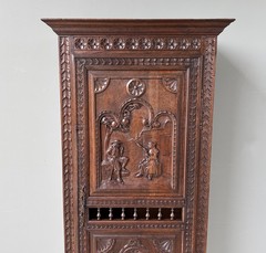 71″ Tall French Antique Breton Cabinet in Solid Chestnut Wood w/Carved Figures