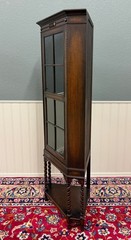 Antique English Jacobean Corner Cabinet Barley Twist Legs Glass Door Oak 1920s