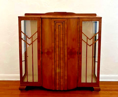 1930s 30s Art Deco Burled Wood Curio Cabinet Bookcase Cabinet